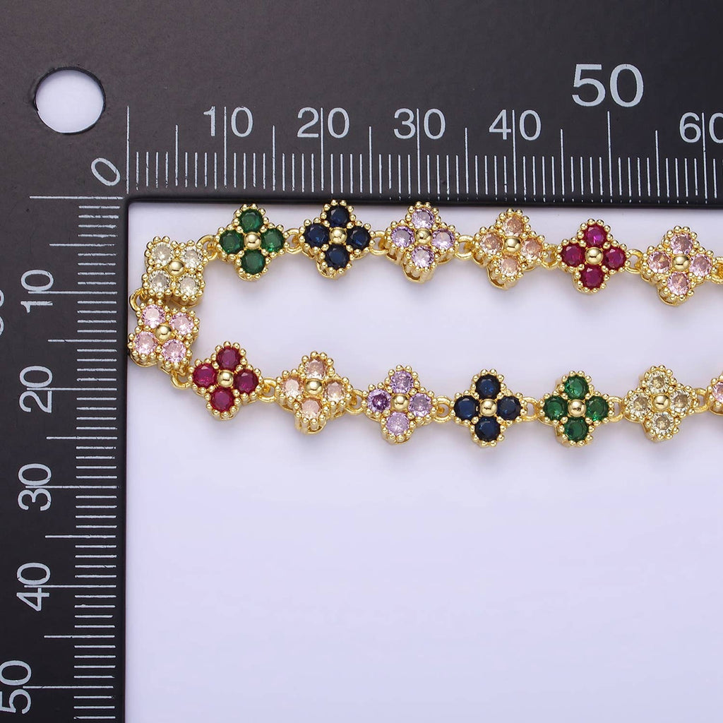 14K Gold Filled CZ Multicolor Flower 6 Inch Bracelet