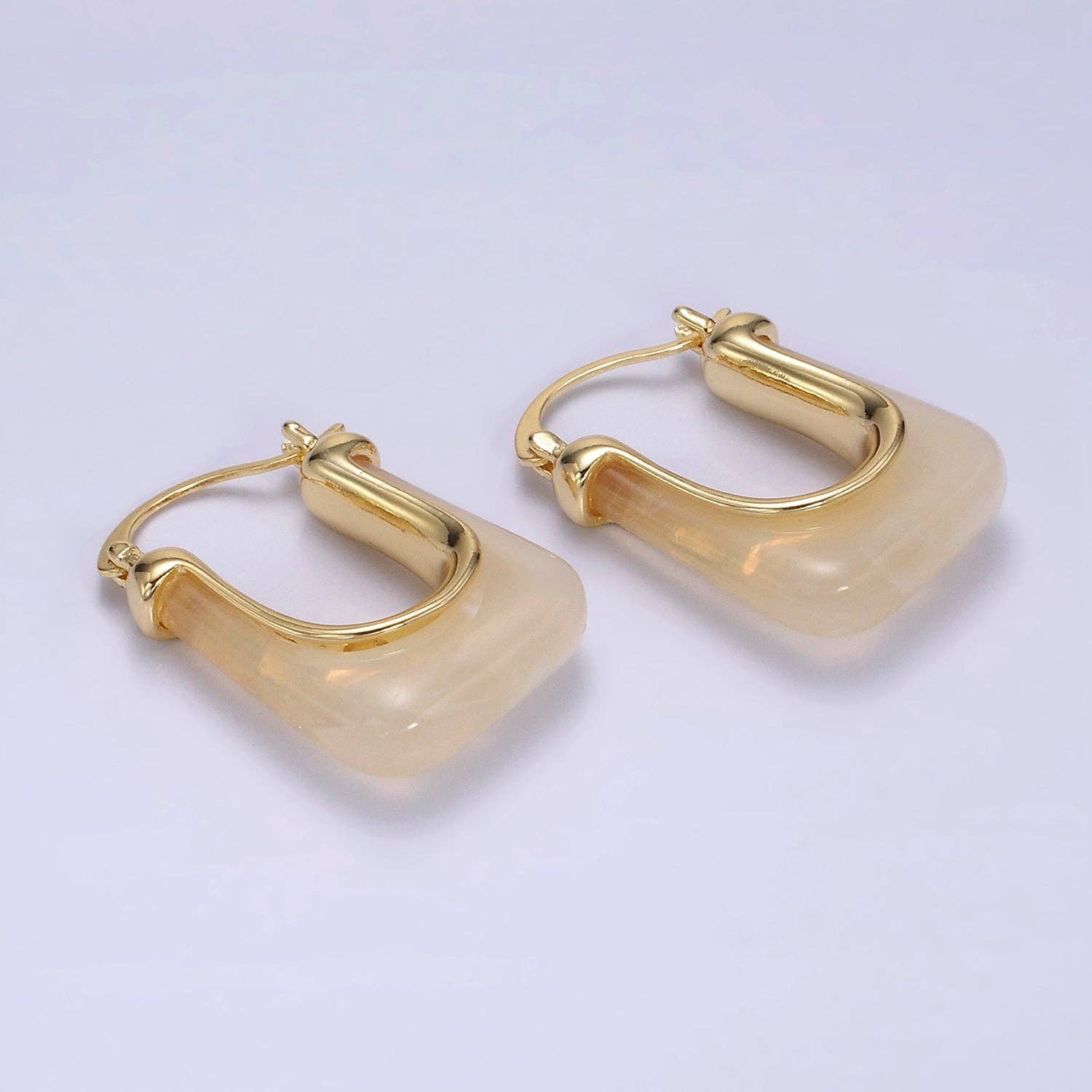 14K Gold Filled 30mm Clear, Grey, Cream, Mint, Brown, Green Resin U-Shaped Rectangular Latch Hoop Earrings | AE159 AE160 AE176 AE367 AE368 AE373