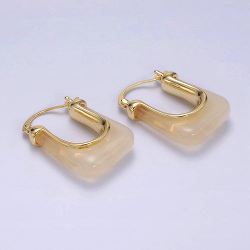 14K Gold Filled 30mm Clear, Grey, Cream, Mint, Brown, Green Resin U-Shaped Rectangular Latch Hoop Earrings | AE159 AE160 AE176 AE367 AE368 AE373