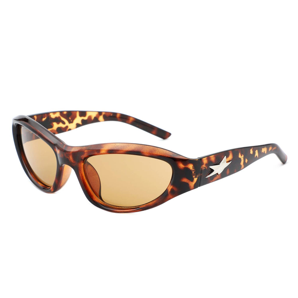 Y2K Slim Oval Unisex Wraparound Sunglasses with Star Temple