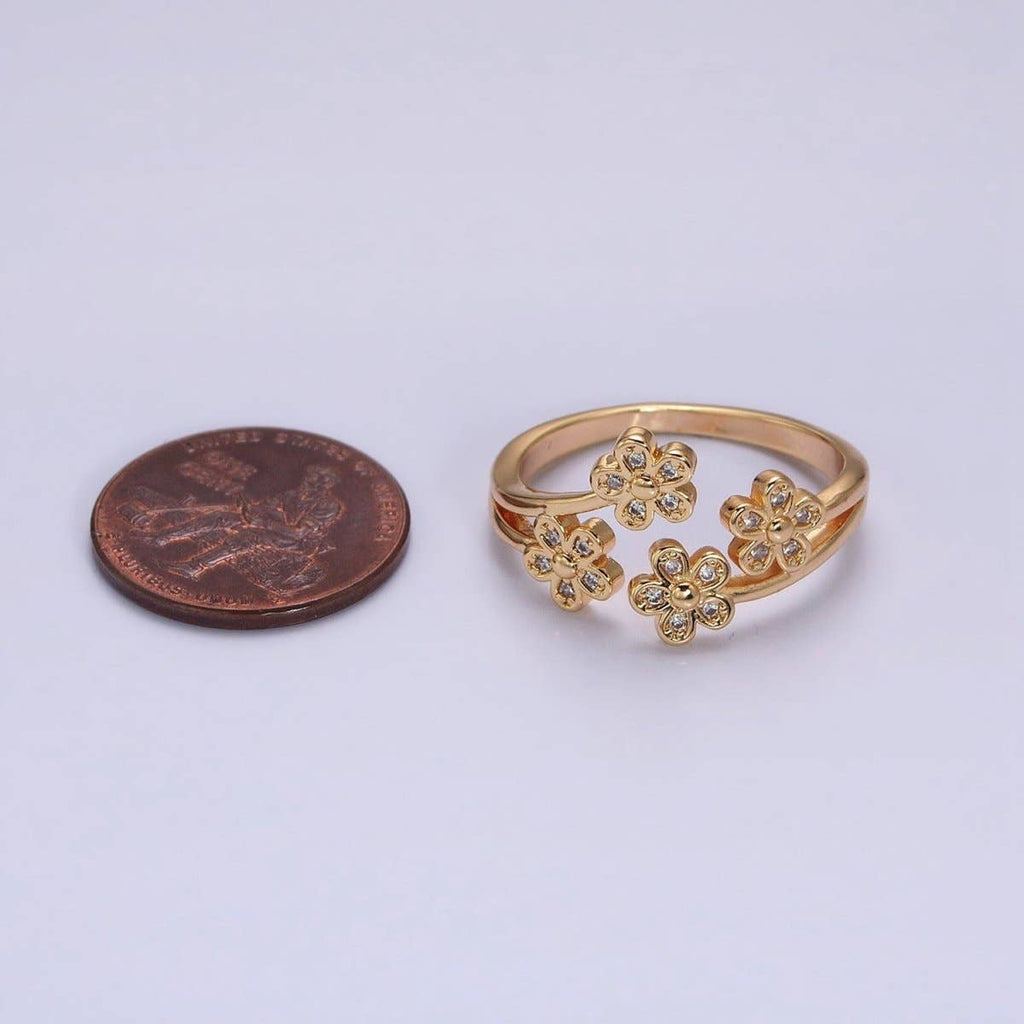 16K Gold Filled Multiple Daisy Flower Clear CZ Open Adjustable Ring | O-1781 O-1782