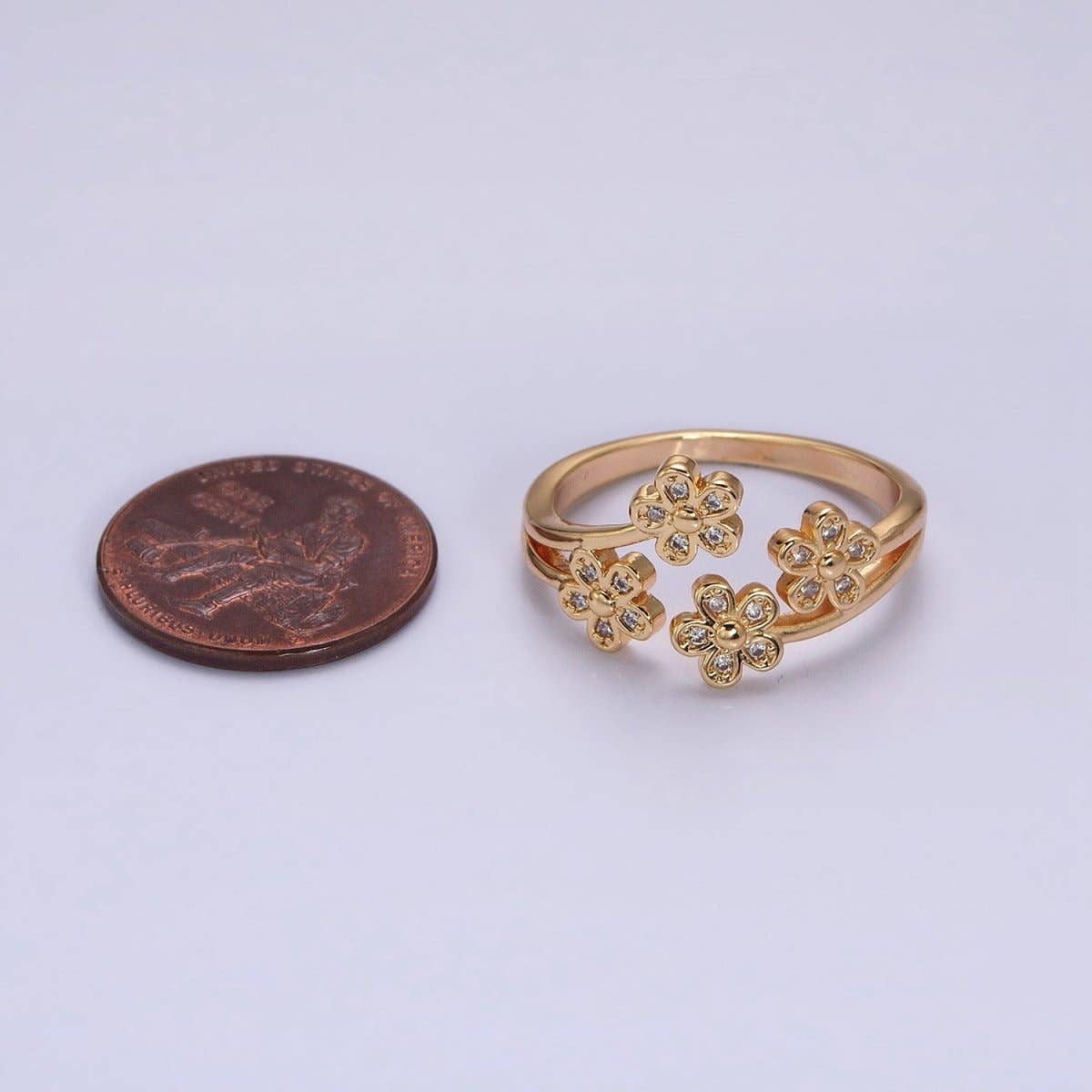 16K Gold Filled Multiple Daisy Flower Clear CZ Open Adjustable Ring | O-1781 O-1782
