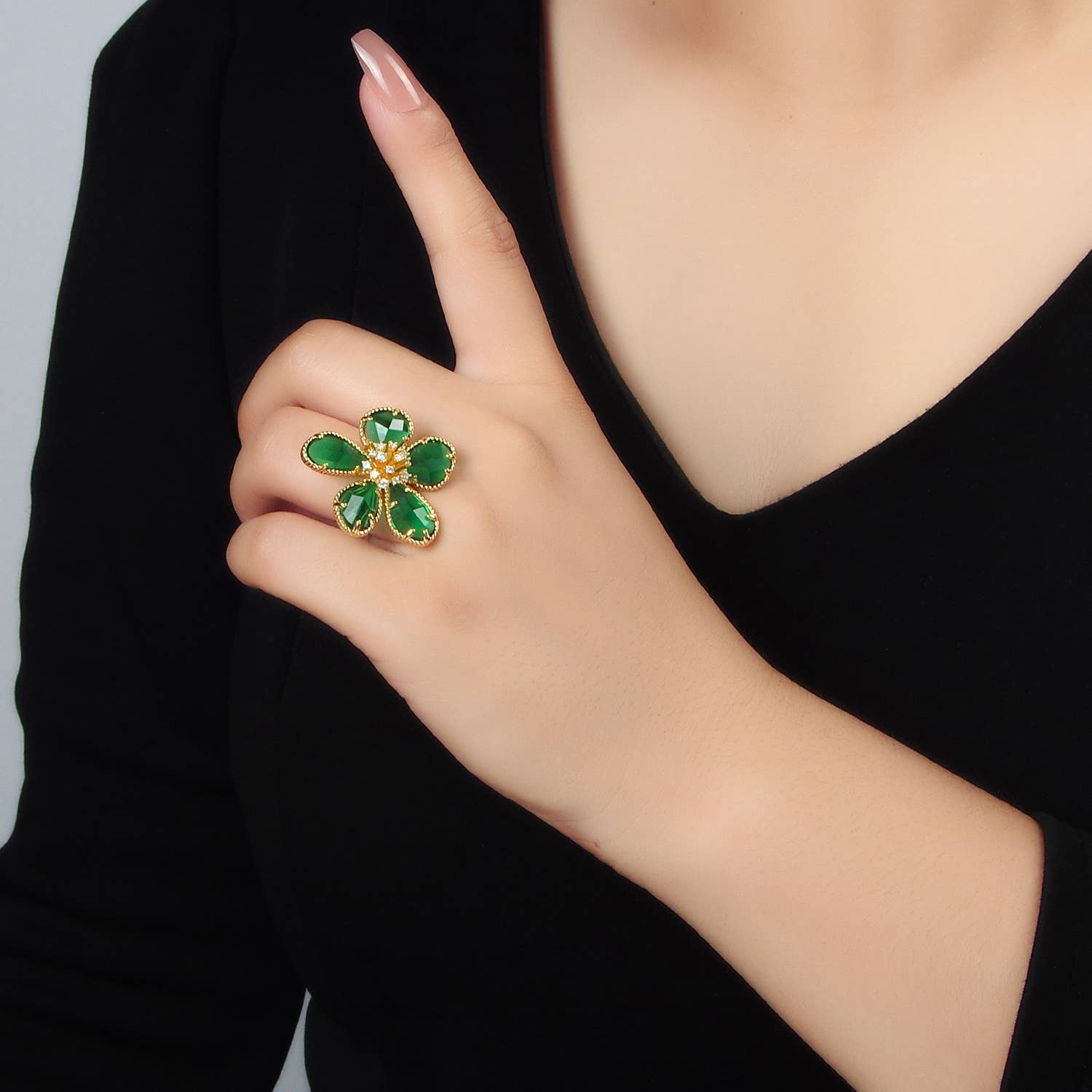 24K Gold Filled Green Acrylic CZ Paved Daisy Ring | O1411