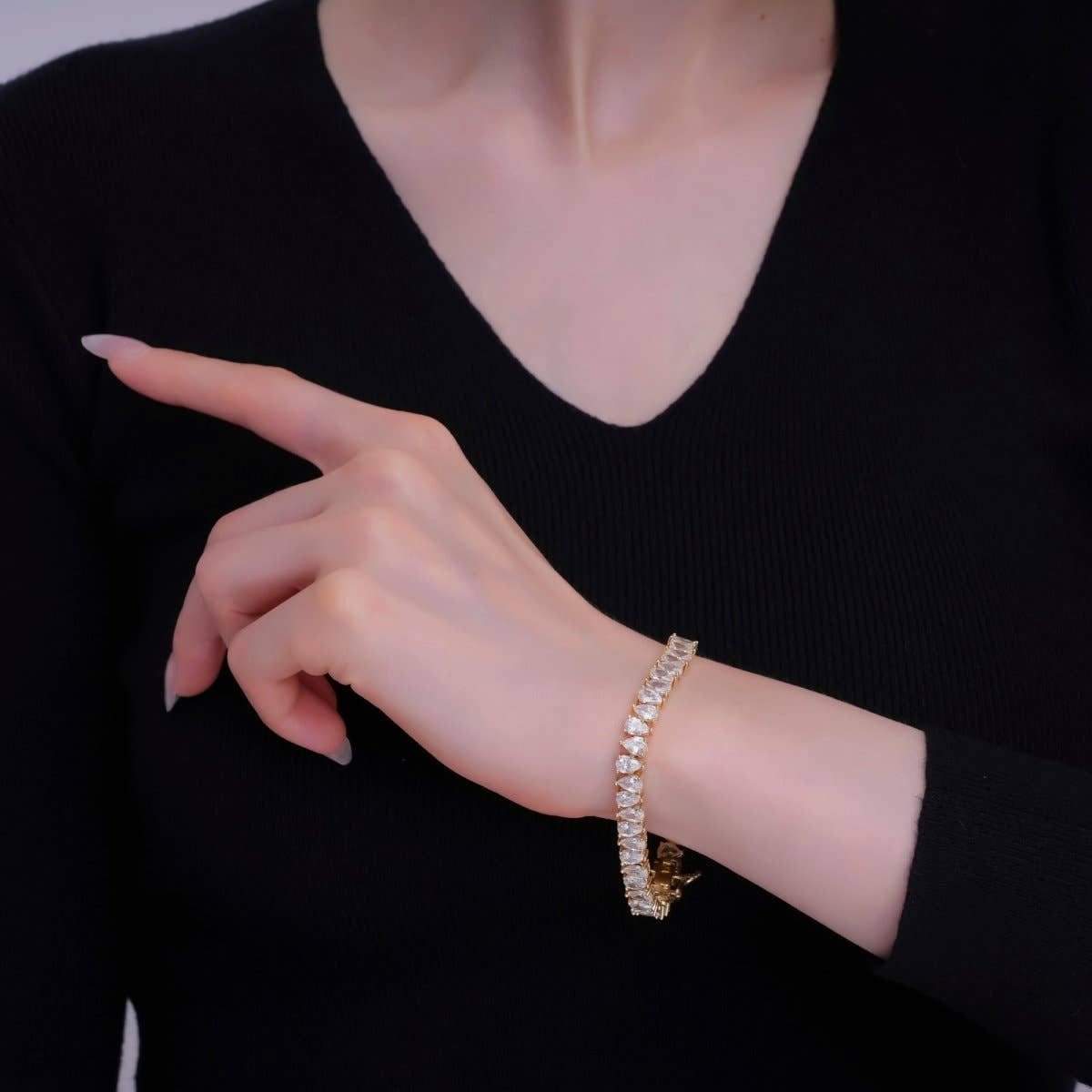 24K Gold Filled Clear CZ Double Teardrop Tennis Chain Bracelet in Gold & Silver | WA-3140 WA-3141
