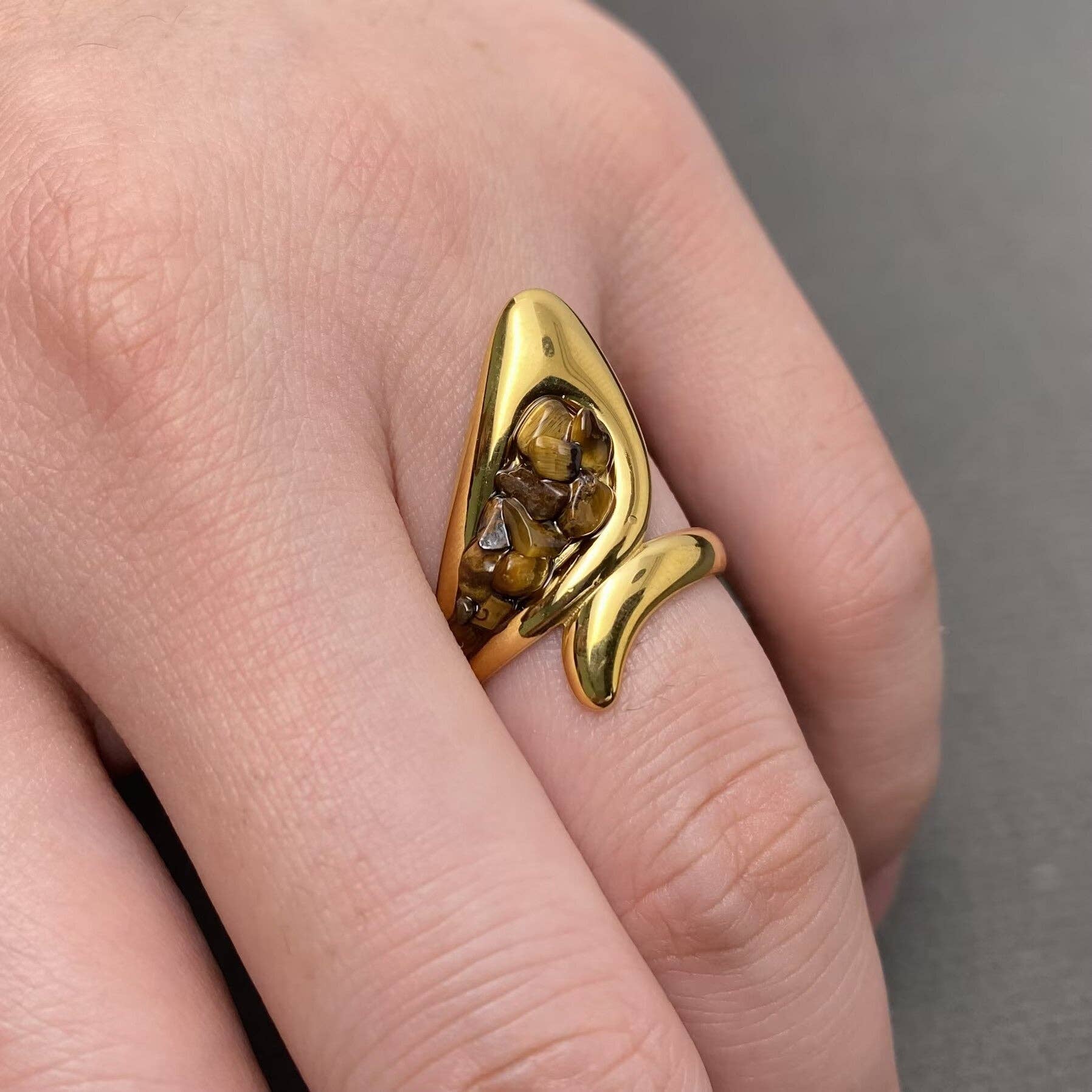 Stone Inlaid 18K Gold Plated S.Steel Adjustable Ring -FGS/CS