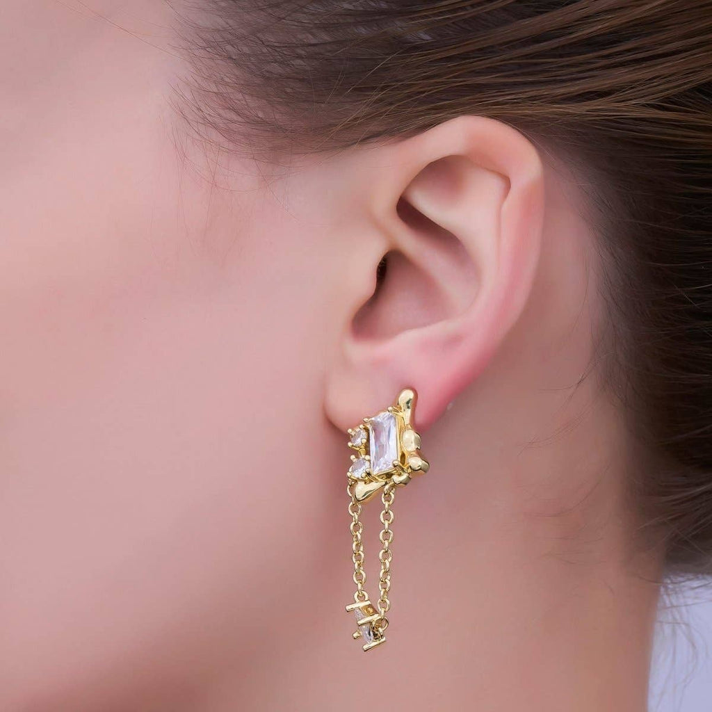 24K Gold Filled Clear Baguette Molten Chain Drop Stud Earrings | AI501
