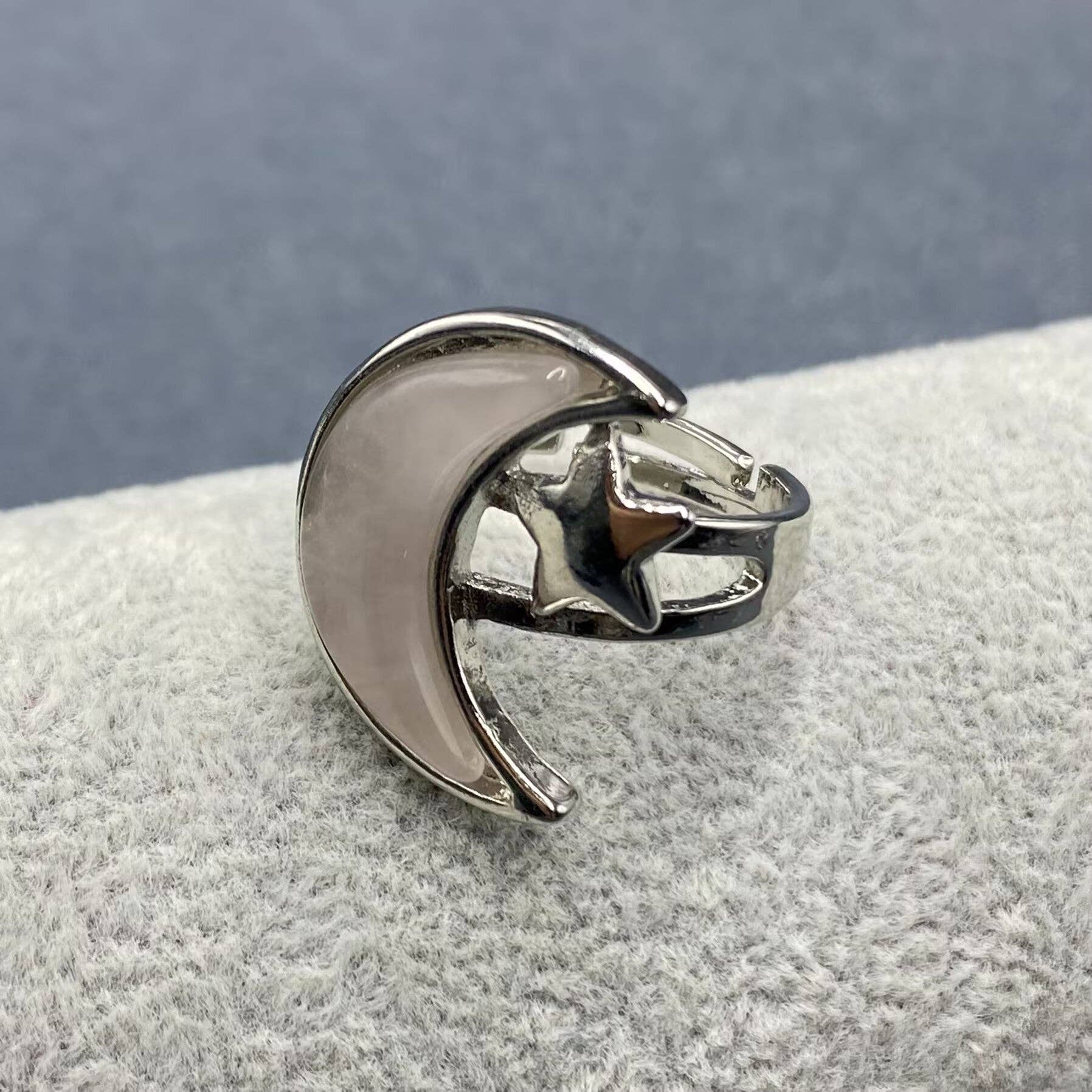 Natural Stone Moon Star Silver Tone Adjustable Ring - CS/MS