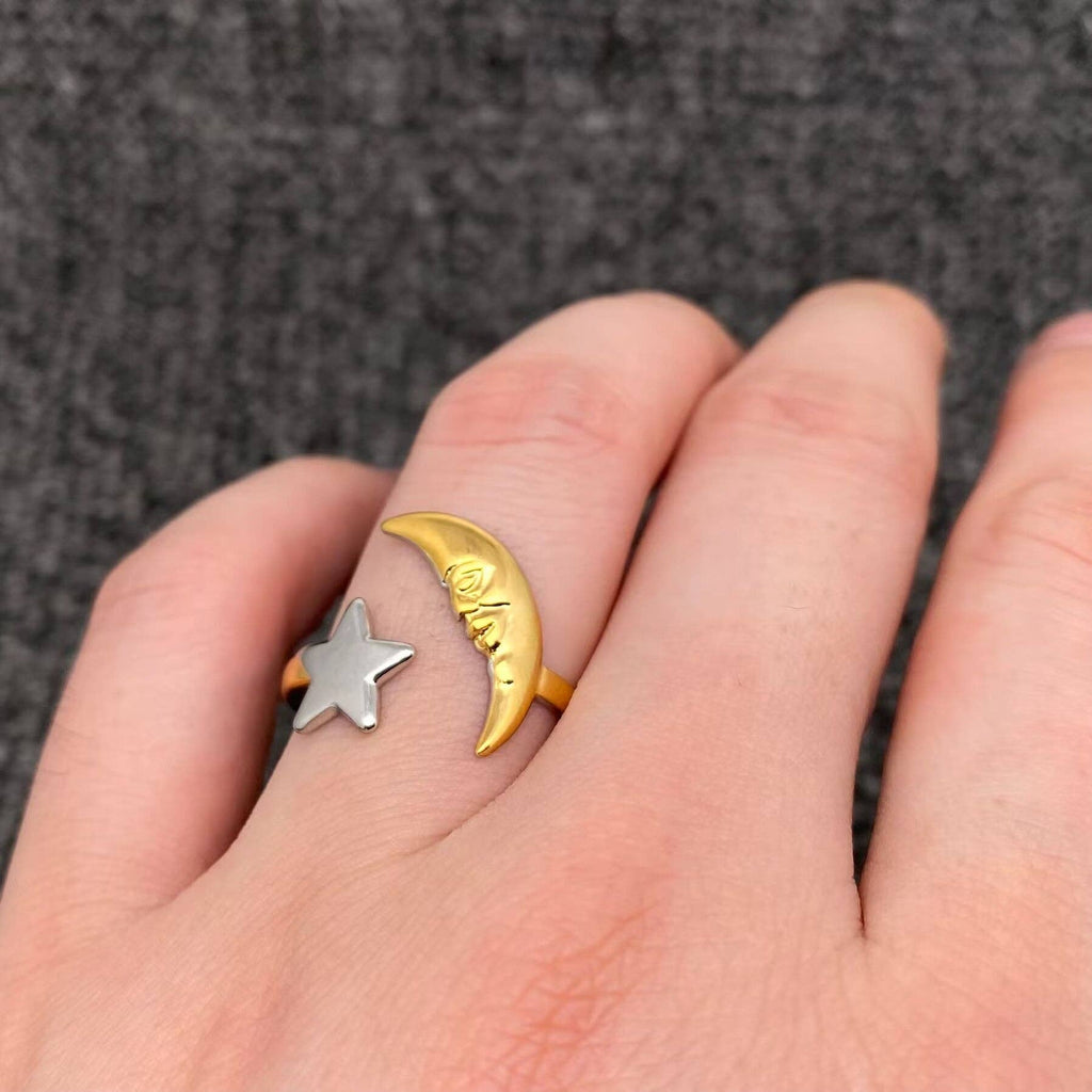 Two Tone 18K Gold Plated S.Steel Star Moon Ring - FGS/MS