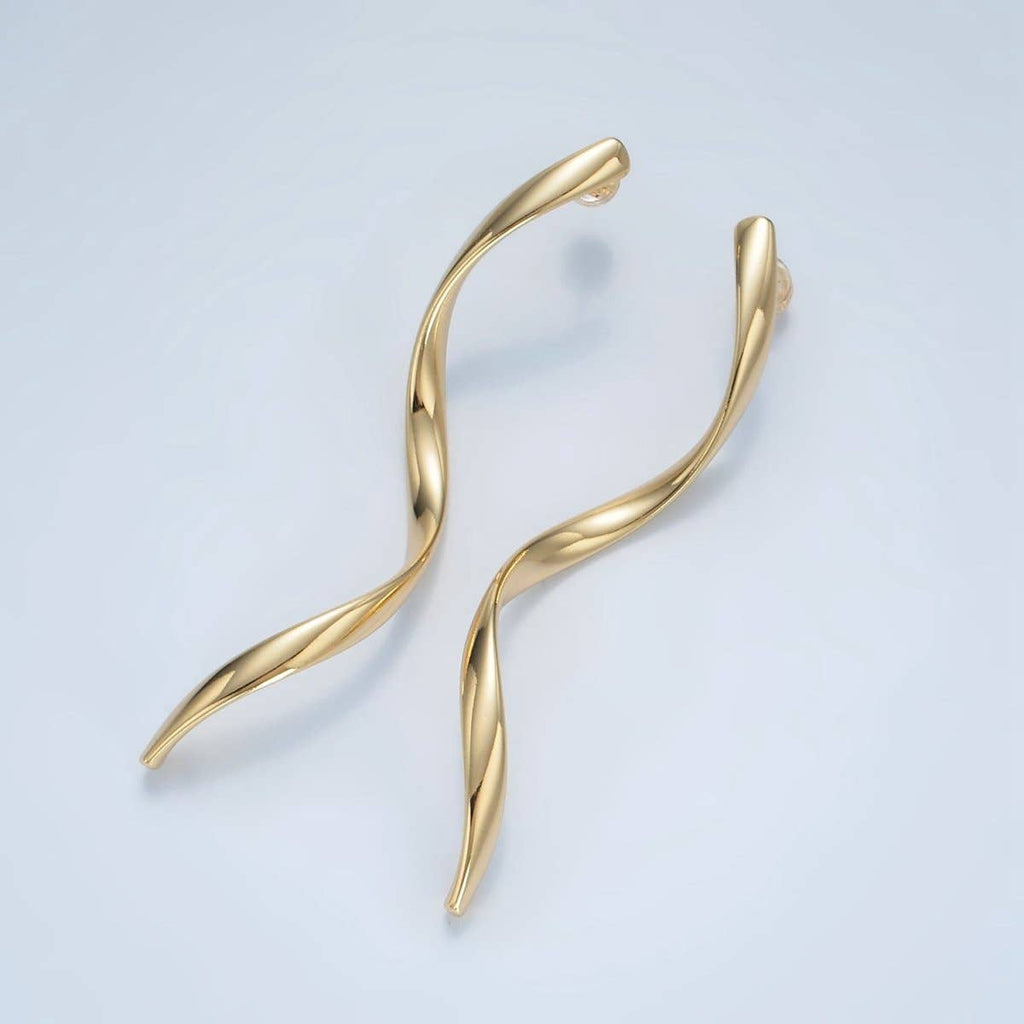 24K Gold Filled 72mm Geometric Wavy Stud Earrings in Gold & Silver | AD600 AD601