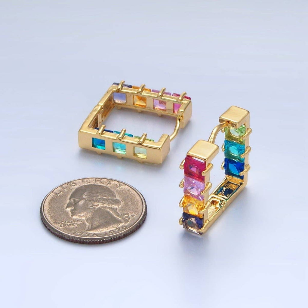 24K Gold Filled Multicolor Square CZ Front-Facing Square Huggie Earrings | AD768