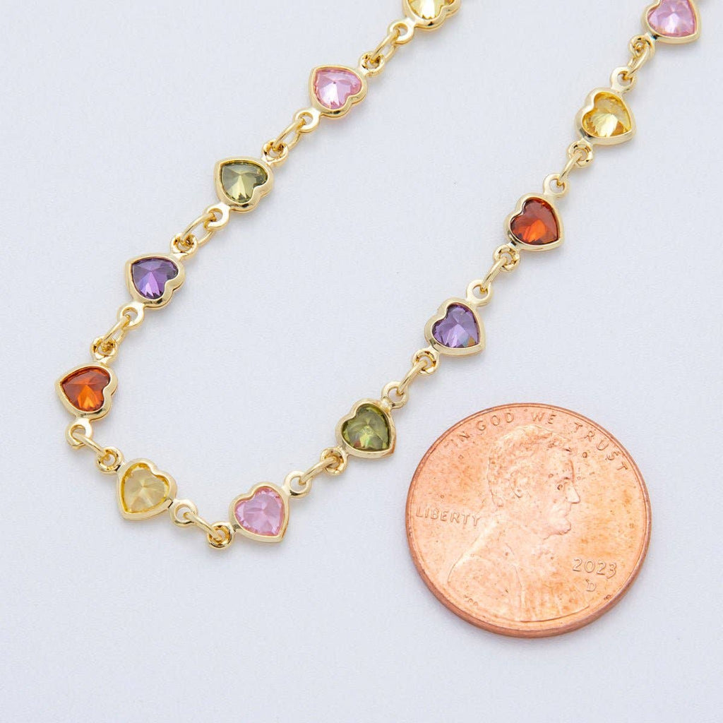 18K Gold Filled Clear, Multicolor, Red CZ Heart Star Sideway Straight 7 Inch Bracelet | WA-03781 ~ WA-03782