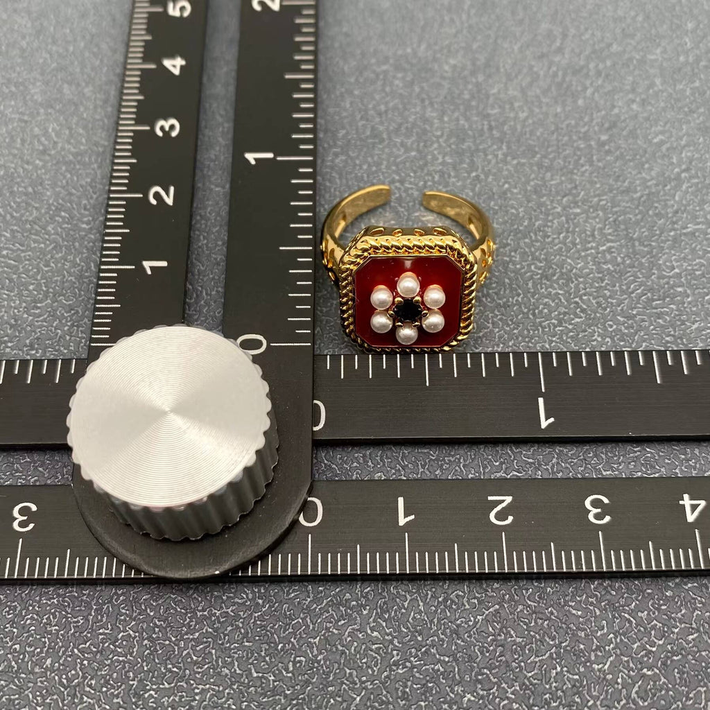 Vintage Pearl Flower Enamel 18K Gold-plated Square Ring