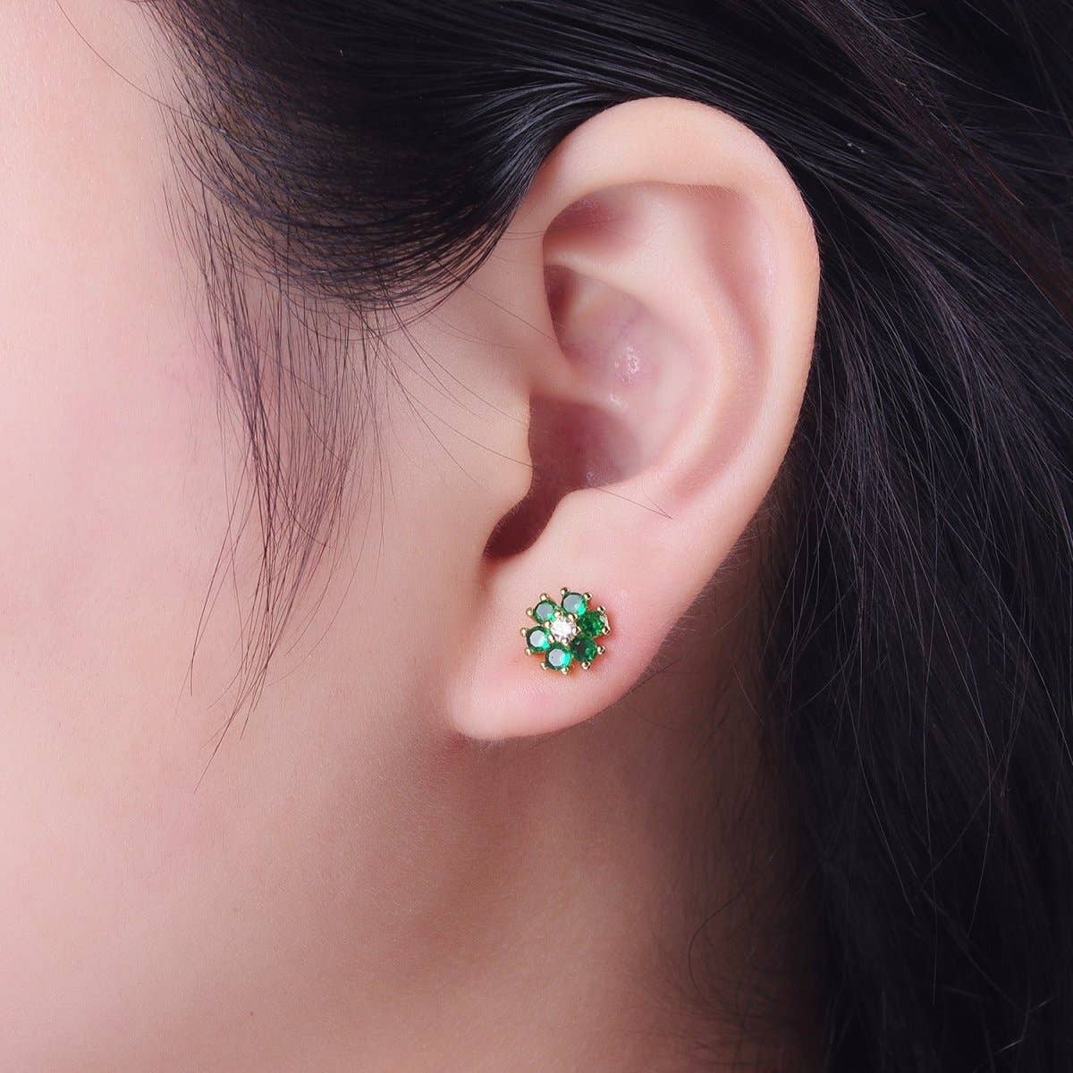 Dainty 24K Gold Filled Emerald Green & Clear Cubic Zirconia Flower Stud Earrings | AD-511