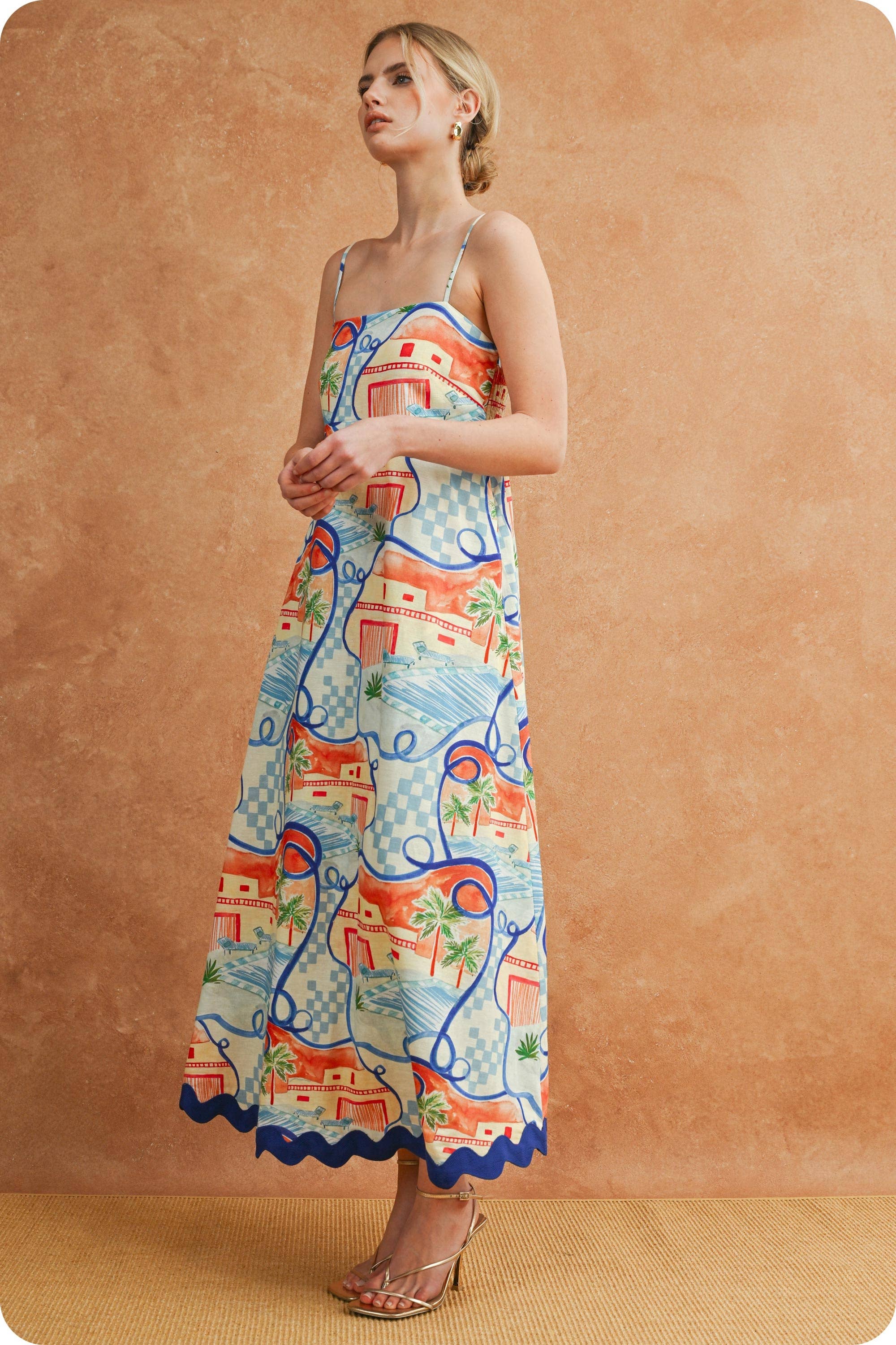 Riviera Dream Scalloped Sleeveless Midi Dress