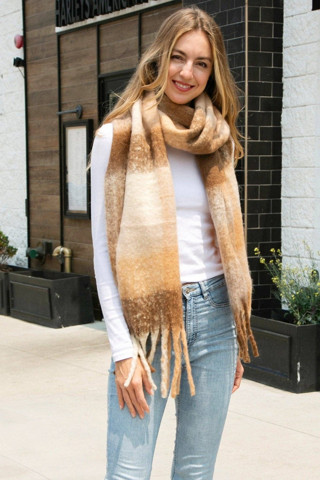 JS2415 Plaid Oblong Scarf with Fringe