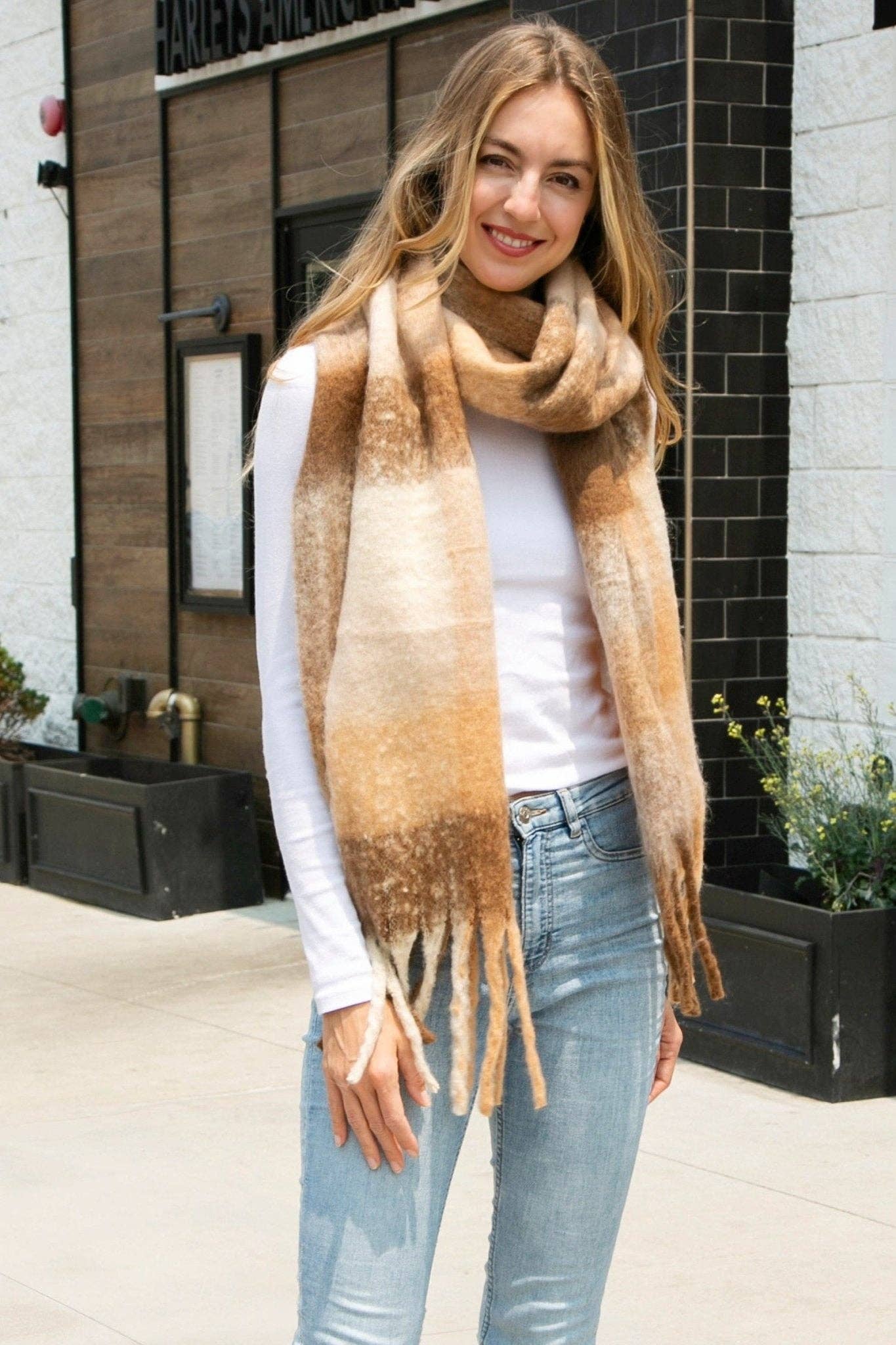 JS2415 Plaid Oblong Scarf with Fringe