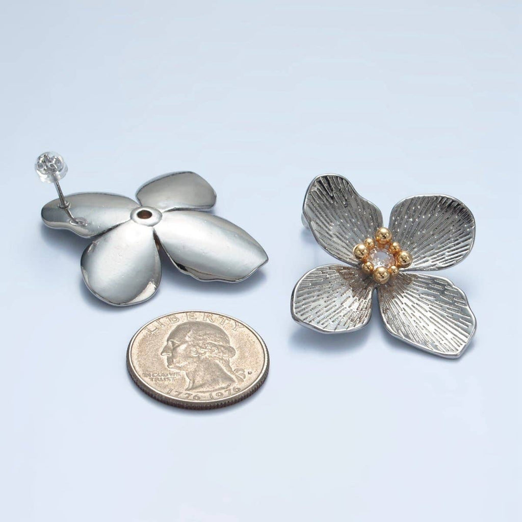 14K Gold Filled 40mm Clear CZ Line-Textured Flower Stud Earrings in Gold & Mixed Metal | P-507 P-504