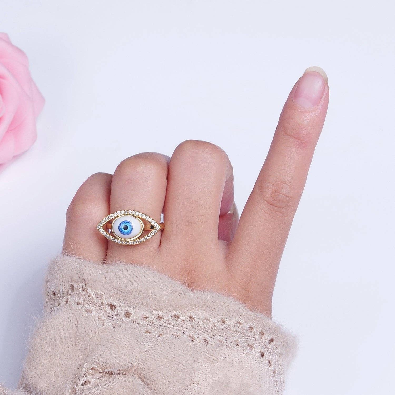 Micro Paved CZ Open Blue Evil Eye of Ra Protection Adjustabl