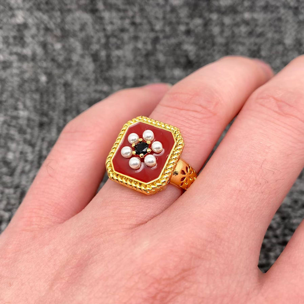 Vintage Pearl Flower Enamel 18K Gold-plated Square Ring