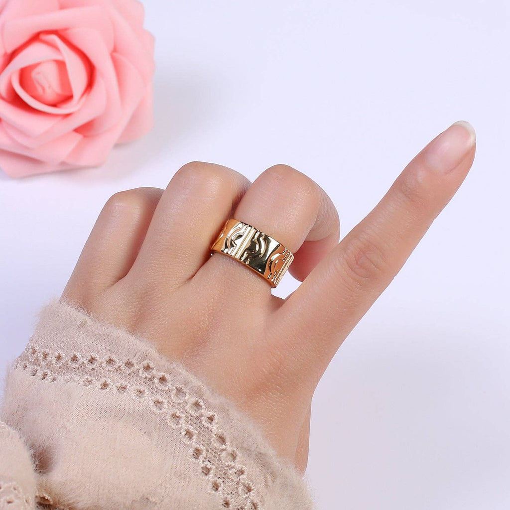24K Gold Filled Geometric Abstract Thick Rings, Carved Circle Statement Rings in Gold & Silver S-319