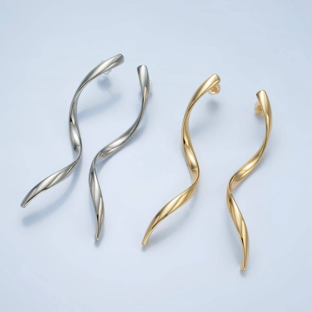 24K Gold Filled 72mm Geometric Wavy Stud Earrings in Gold & Silver | AD600 AD601