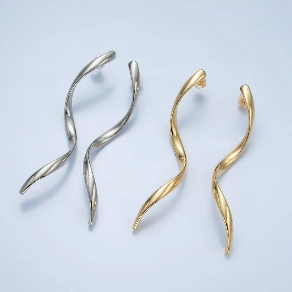 24K Gold Filled 72mm Geometric Wavy Stud Earrings in Gold & Silver | AD600 AD601