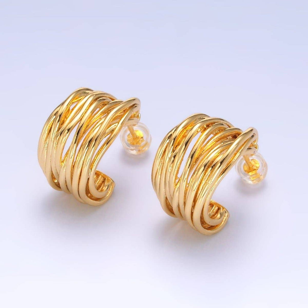 24K Gold Filled 20mm Multiple Linear Lined C-Shaped Hoop Earrings | AB082