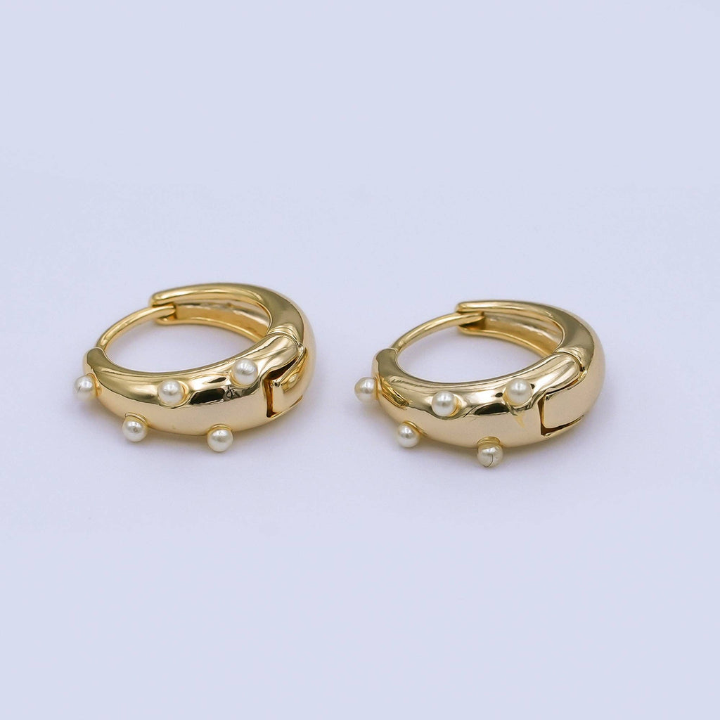 24K Gold Plated 14.5mm Shell Pearl Dotted Huggie Earrings in Gold & Silver | AE423 AE628
