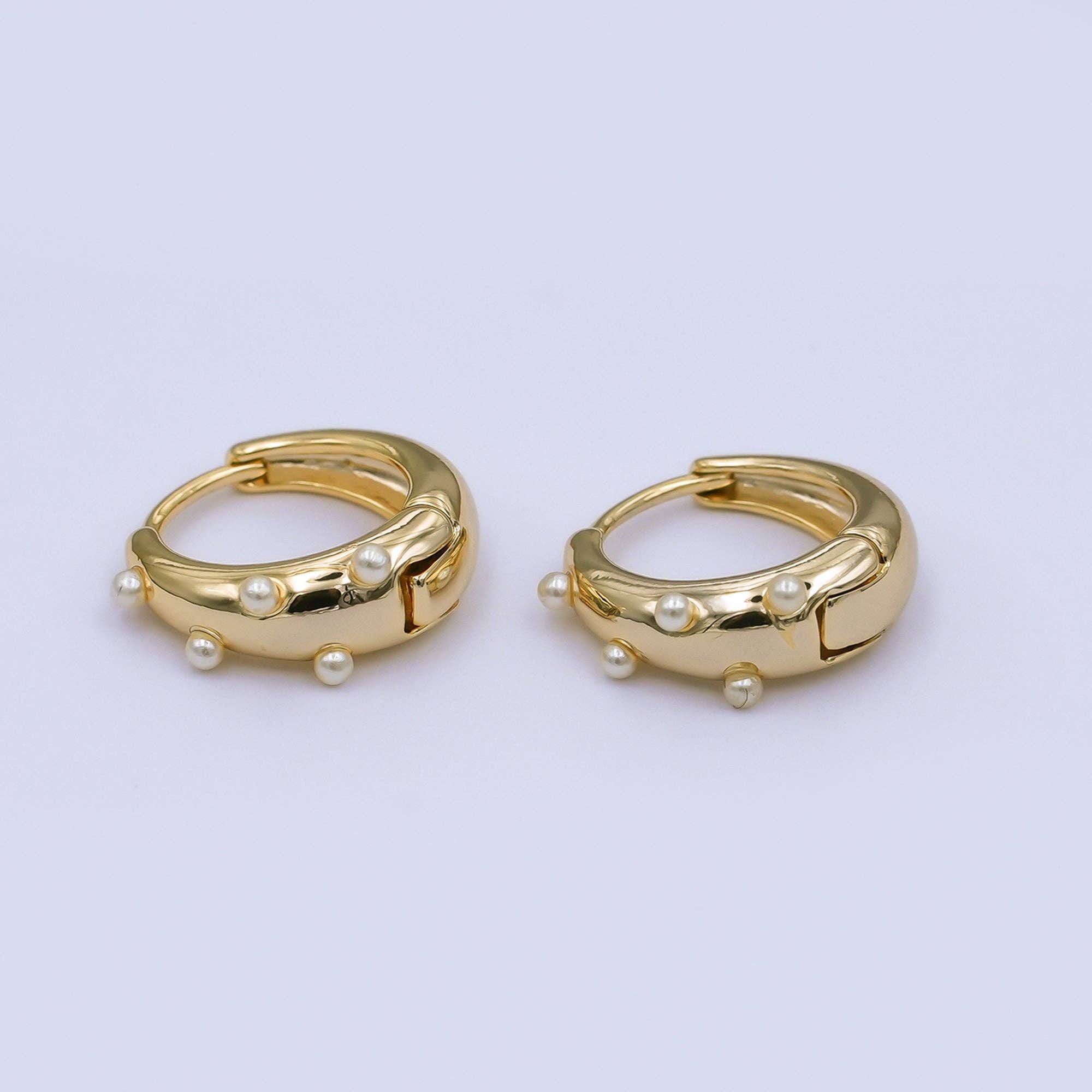 24K Gold Plated 14.5mm Shell Pearl Dotted Huggie Earrings in Gold & Silver | AE423 AE628