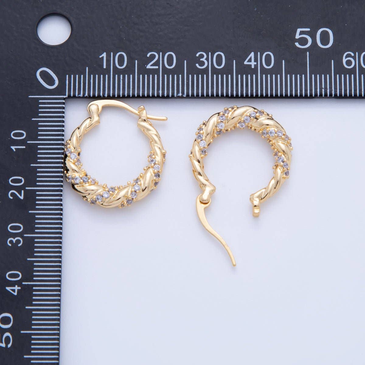18K Gold Filled 24mm Micro Paved CZ Twisted Croissant Latch Hoop Earrings | AI359
