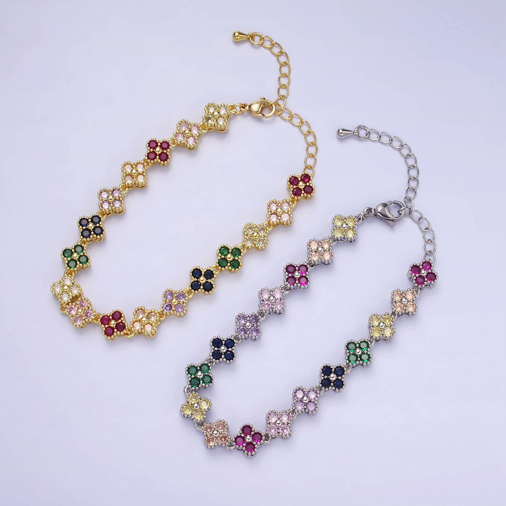 14K Gold Filled CZ Multicolor Flower 6 Inch Bracelet