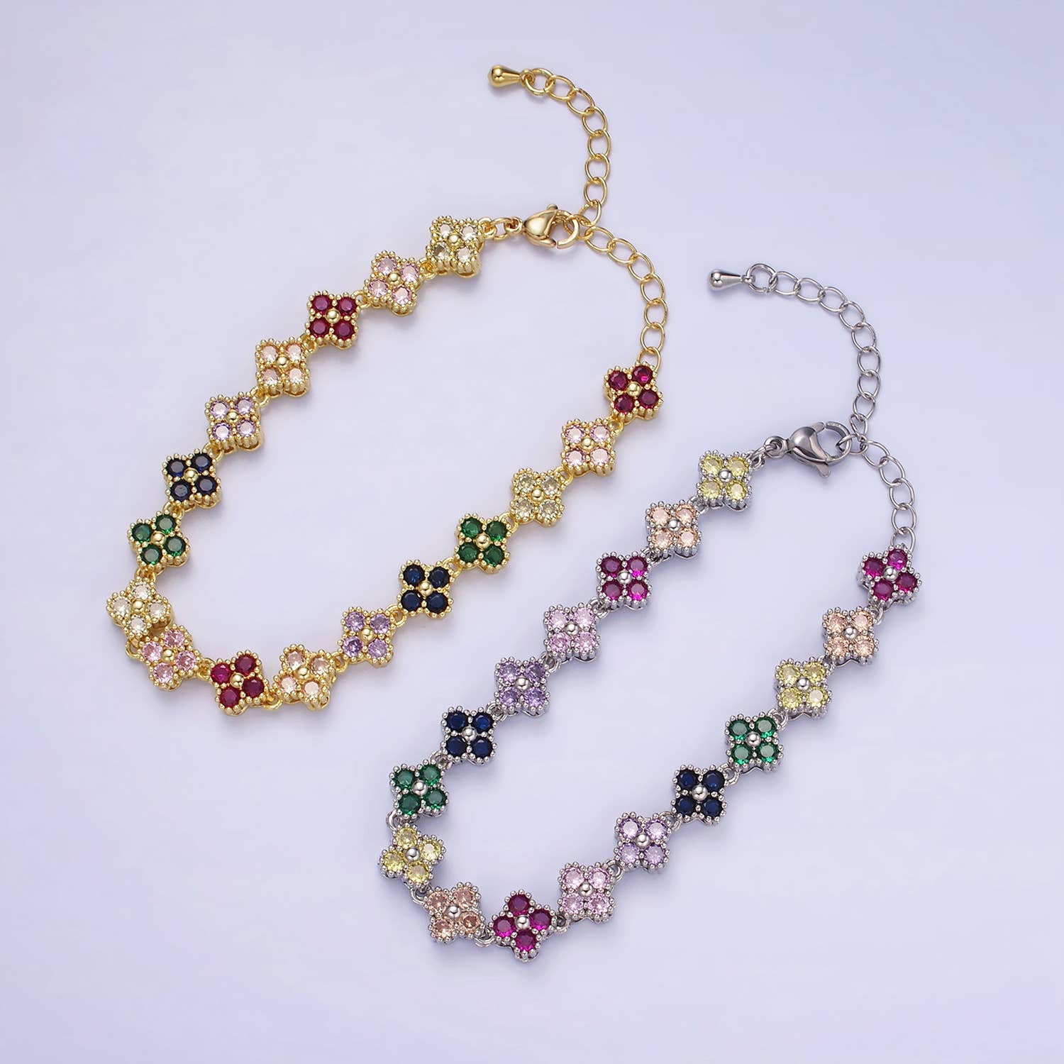 14K Gold Filled CZ Multicolor Flower 6 Inch Bracelet