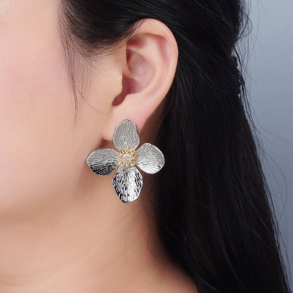 14K Gold Filled 40mm Clear CZ Line-Textured Flower Stud Earrings in Gold & Mixed Metal | P-507 P-504