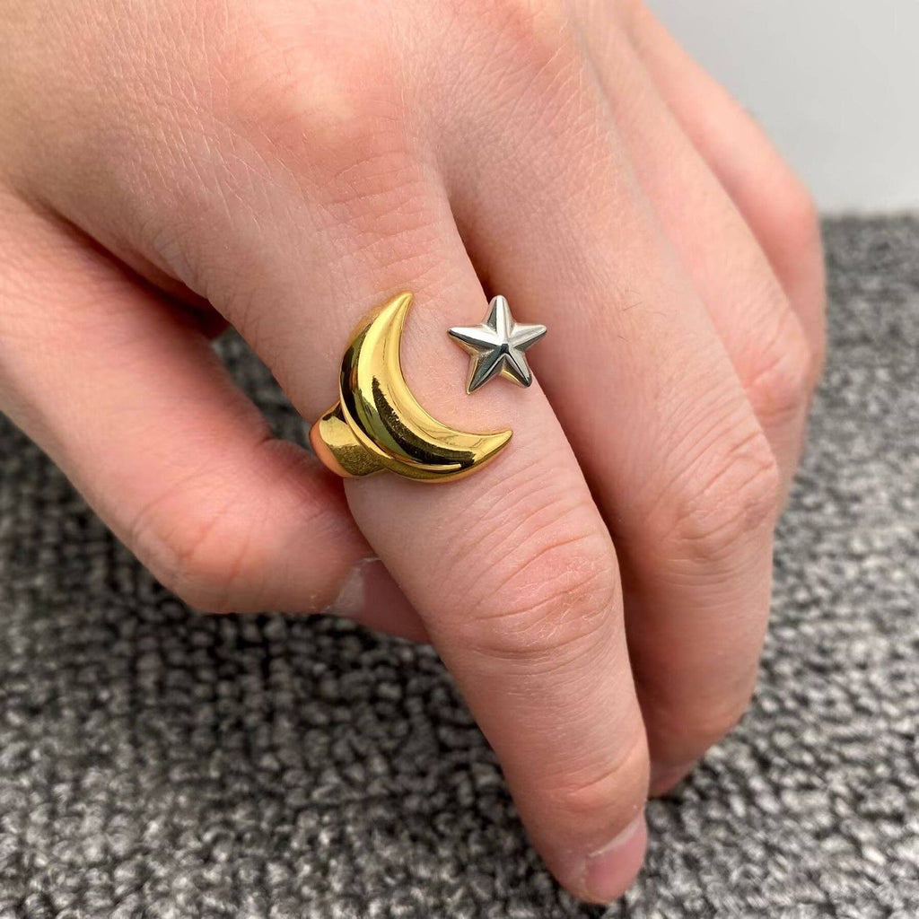 Two Tone Star Moon 18K Golden SS Adjustable Ring - FGS/MS