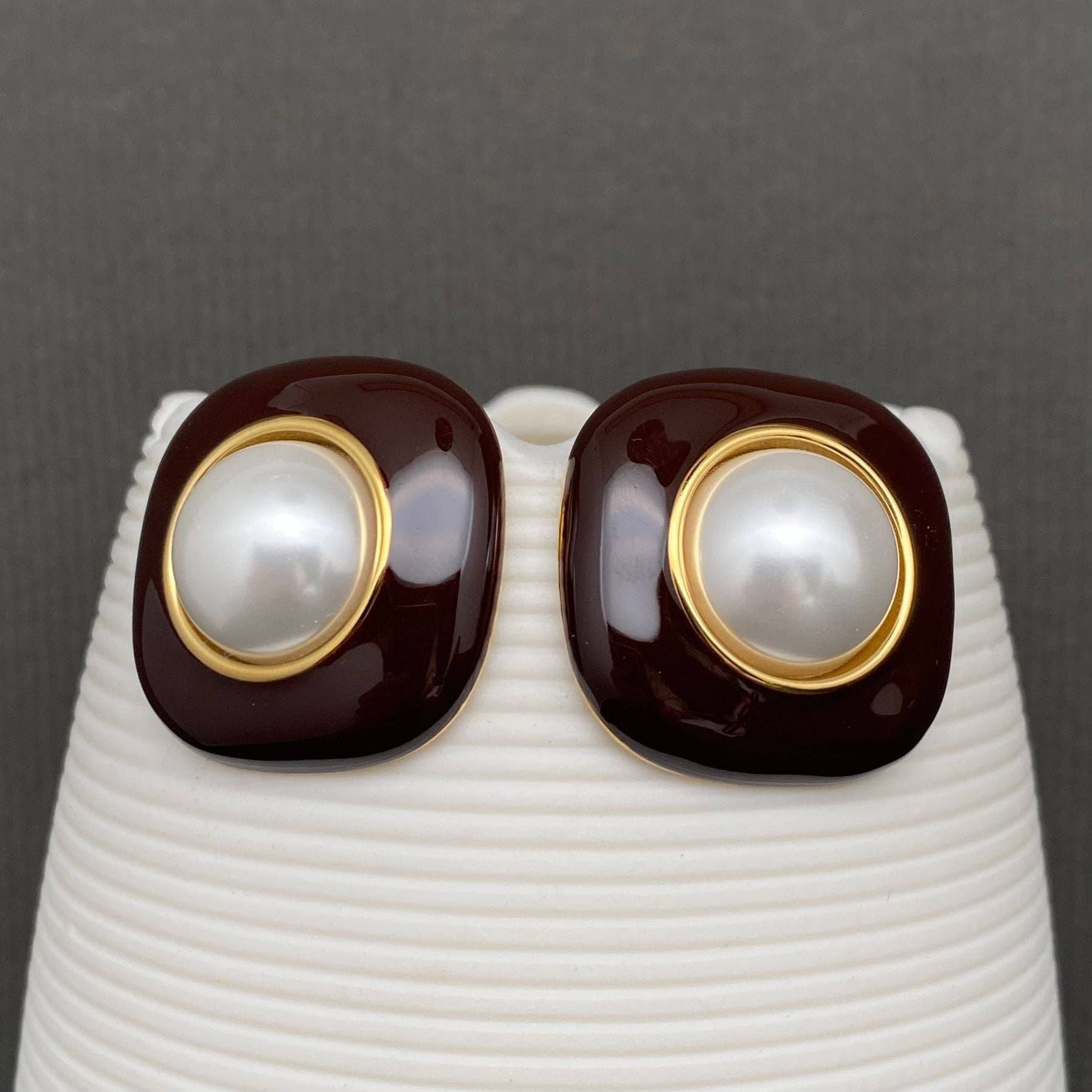 Pearl Inlaid Enamel 18K Gold Plated SS Post Earrings - FGS