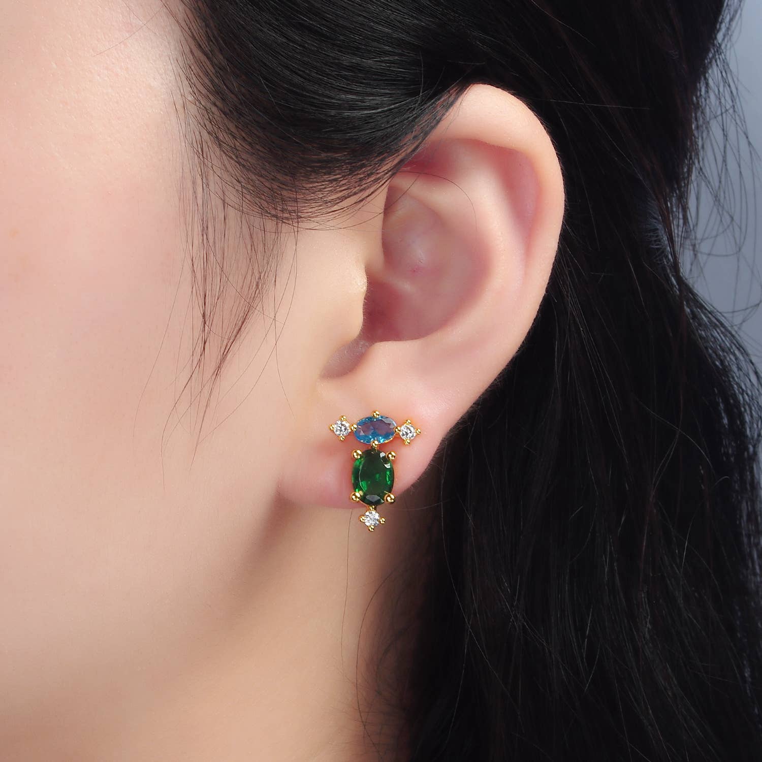 24K Gold Filled Blue/Green Geometric Stud Earring | T-298