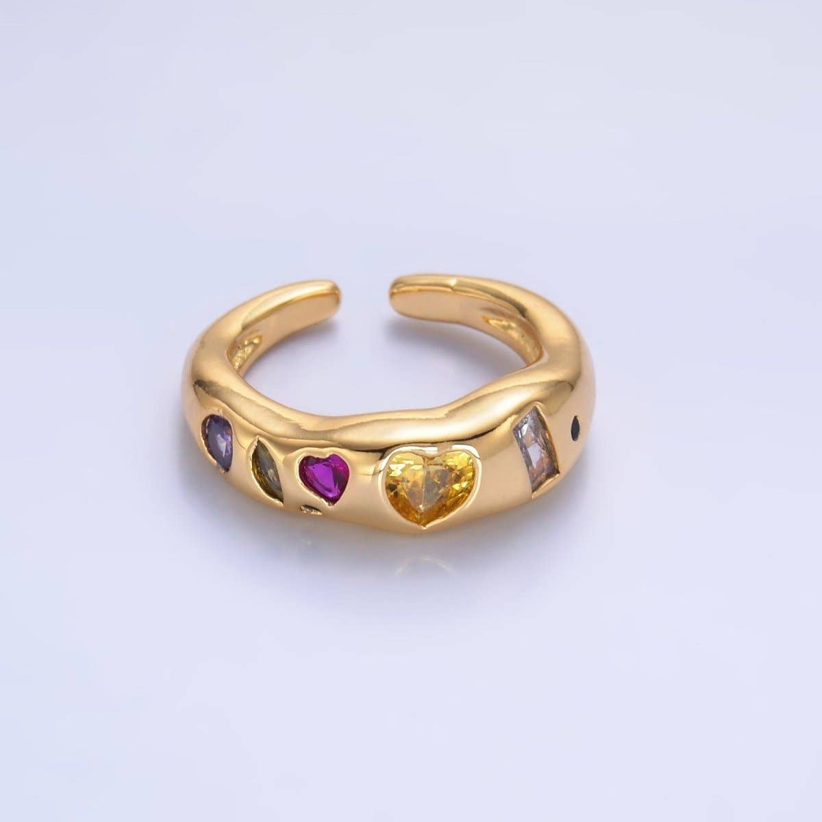 24K Gold Filled Multicolor Geometric Heart Baguette CZ Ring in Gold & Silver | O740 O743