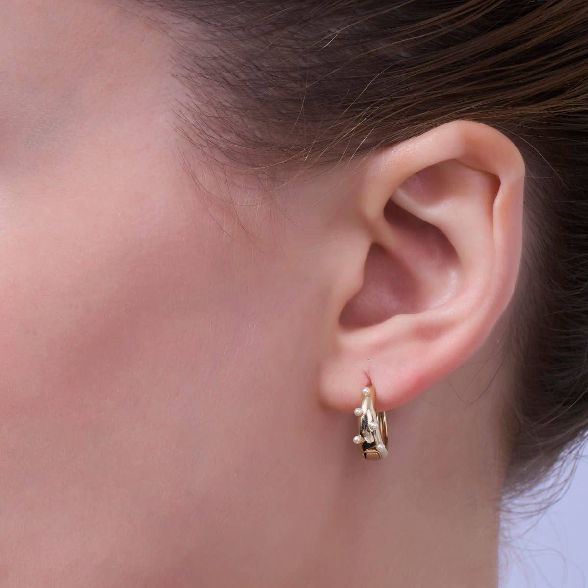 24K Gold Plated 14.5mm Shell Pearl Dotted Huggie Earrings in Gold & Silver | AE423 AE628