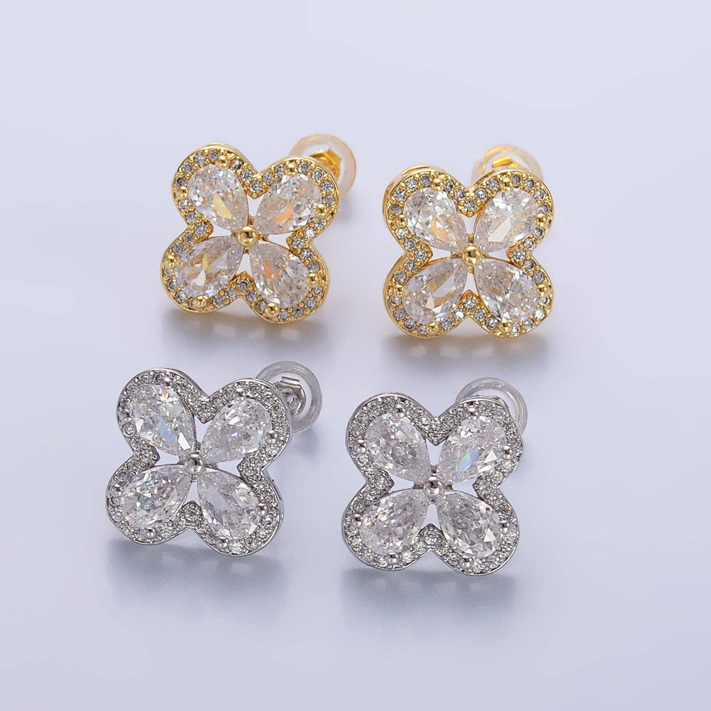 24K Gold Filled Clear CZ Micro Paved CZ Quatrefoil Stud Earrings in Gold & Silver | AB688 AB689