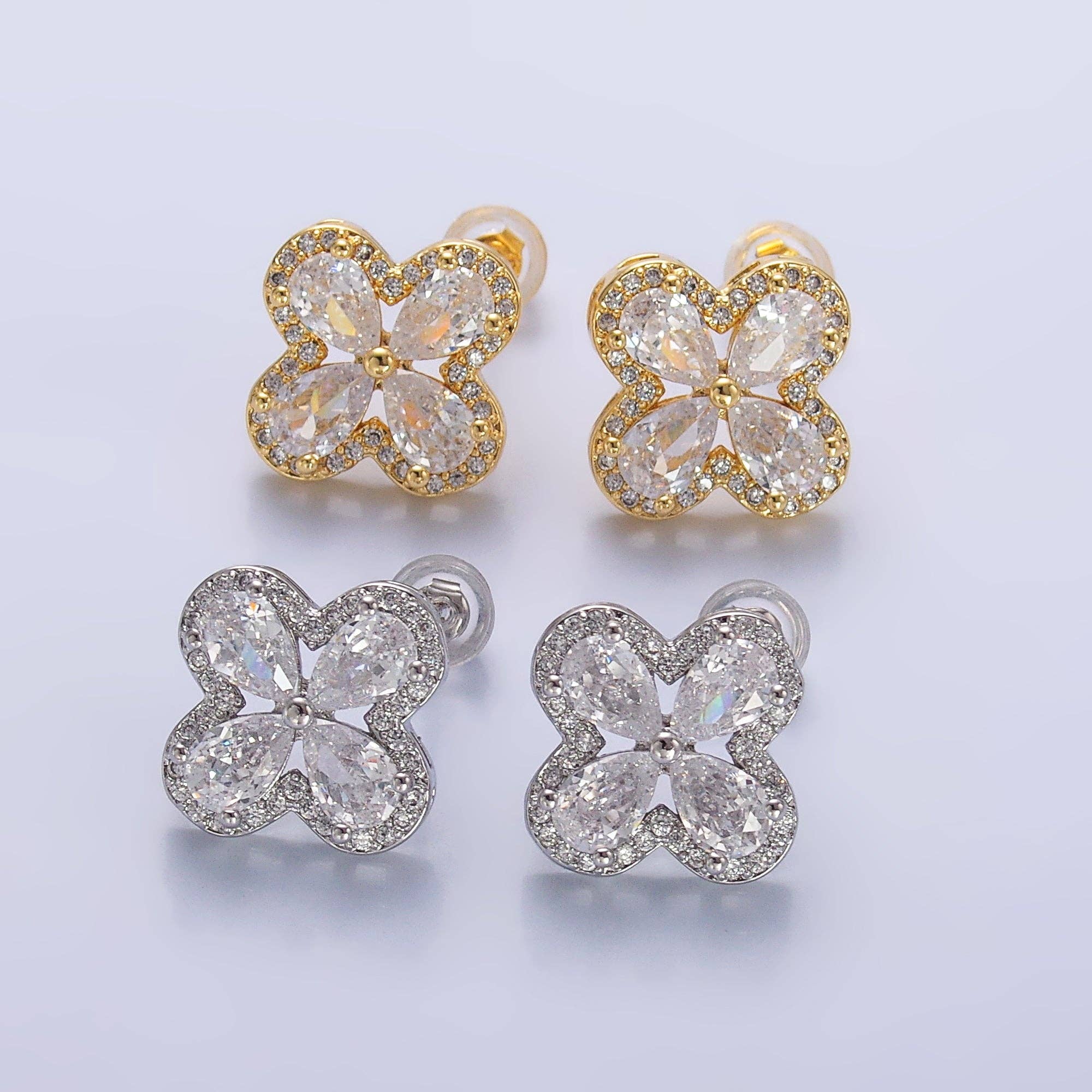 24K Gold Filled Clear CZ Micro Paved CZ Quatrefoil Stud Earrings in Gold & Silver | AB688 AB689