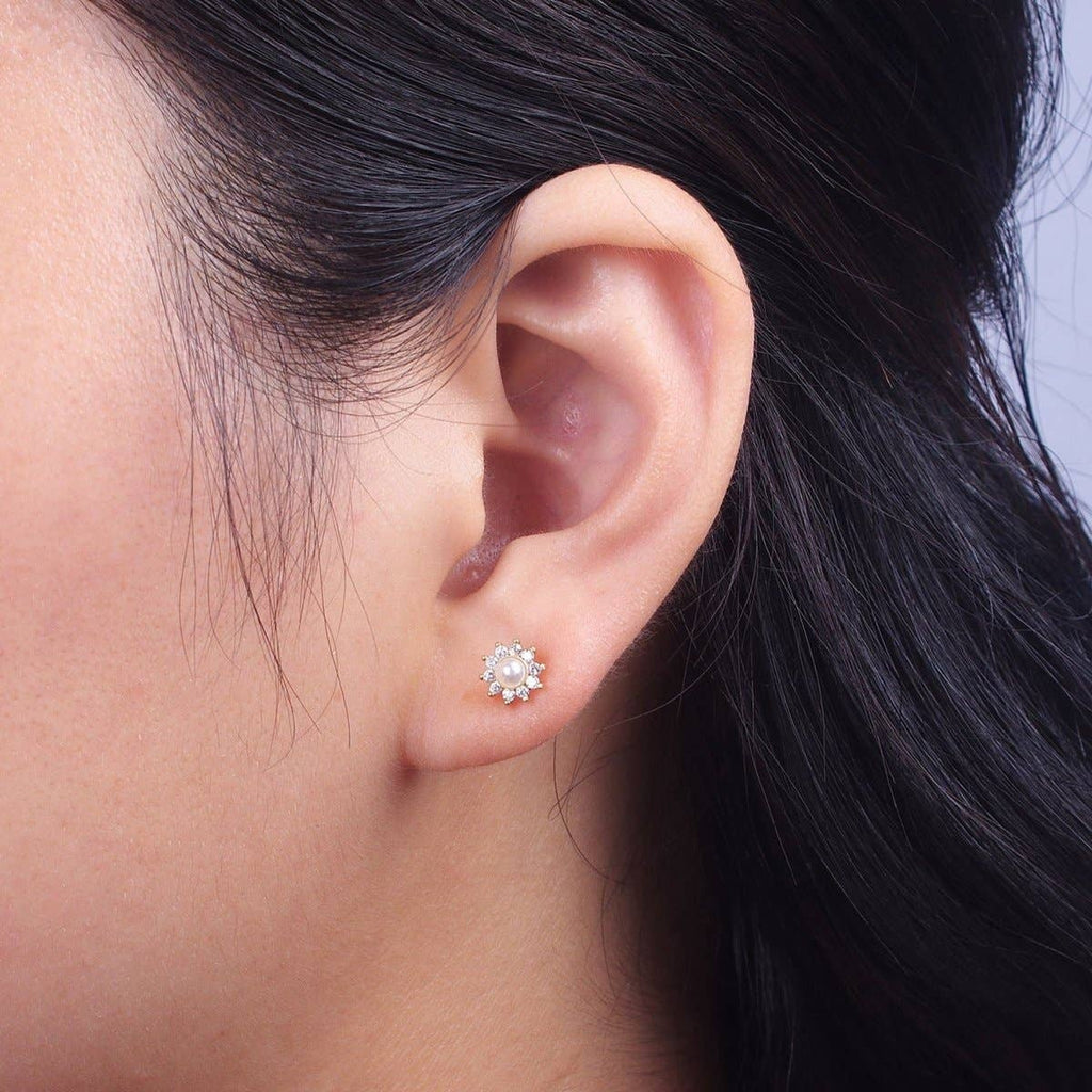 Gold Pearl Flower Stud Earrings, Celestial Sunburst Star Sun Stud Earrings Jewelry | AD-031