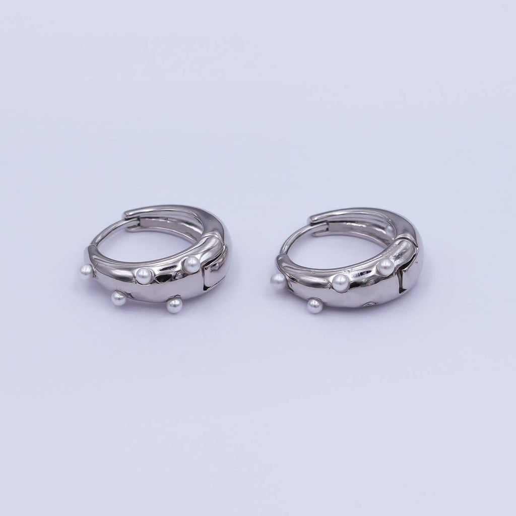 24K Gold Plated 14.5mm Shell Pearl Dotted Huggie Earrings in Gold & Silver | AE423 AE628