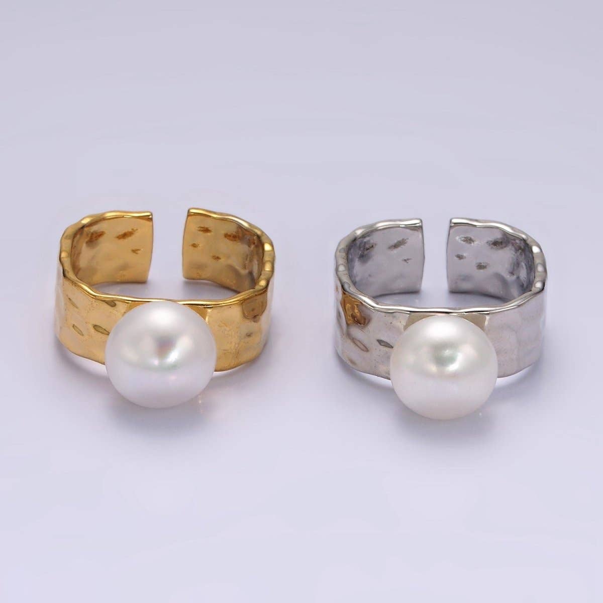 14K Gold Filled White Pearl Hammered Wide Band Ring in Gold & Silver | O1096 O1097