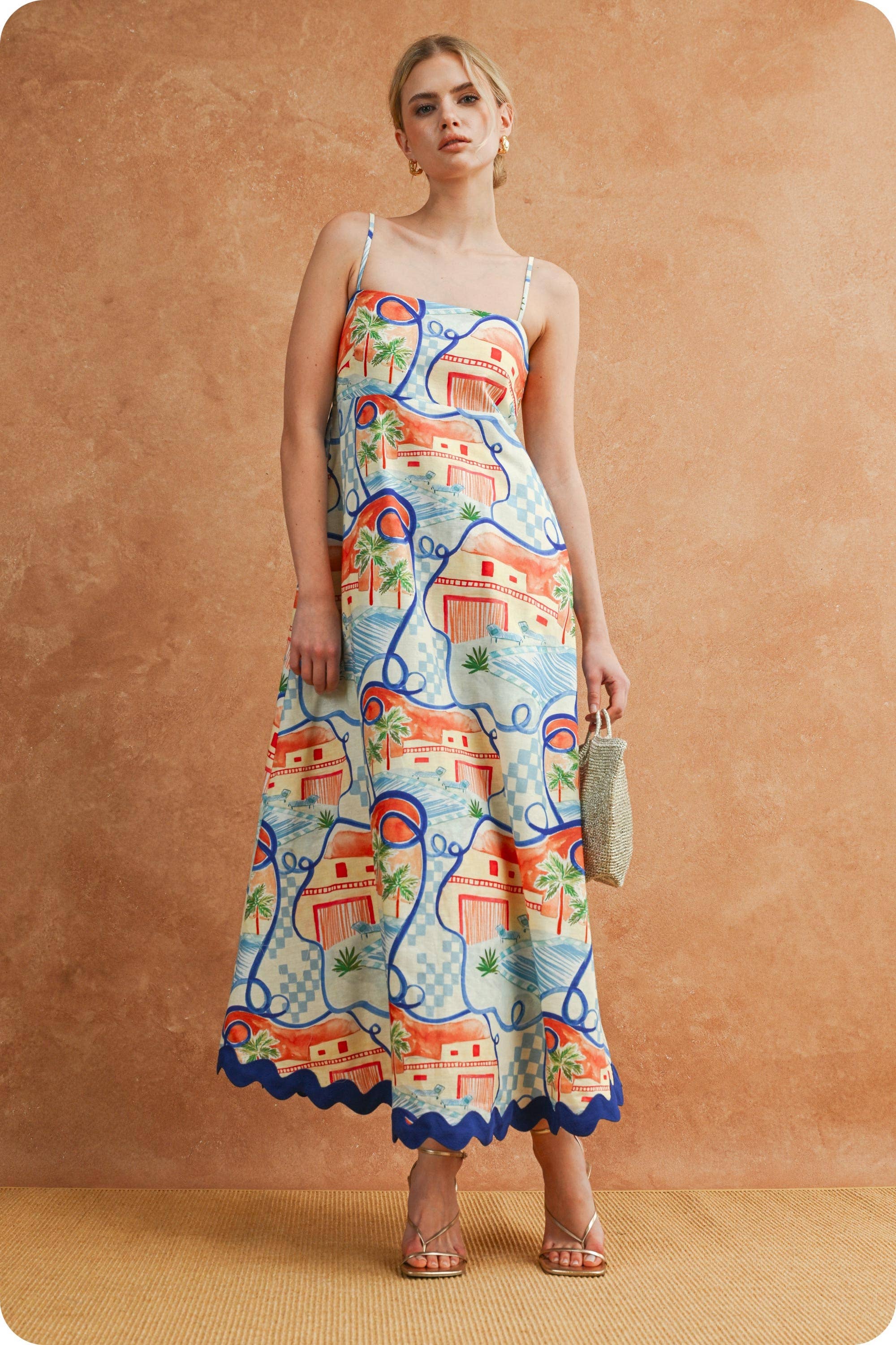 Riviera Dream Scalloped Sleeveless Midi Dress