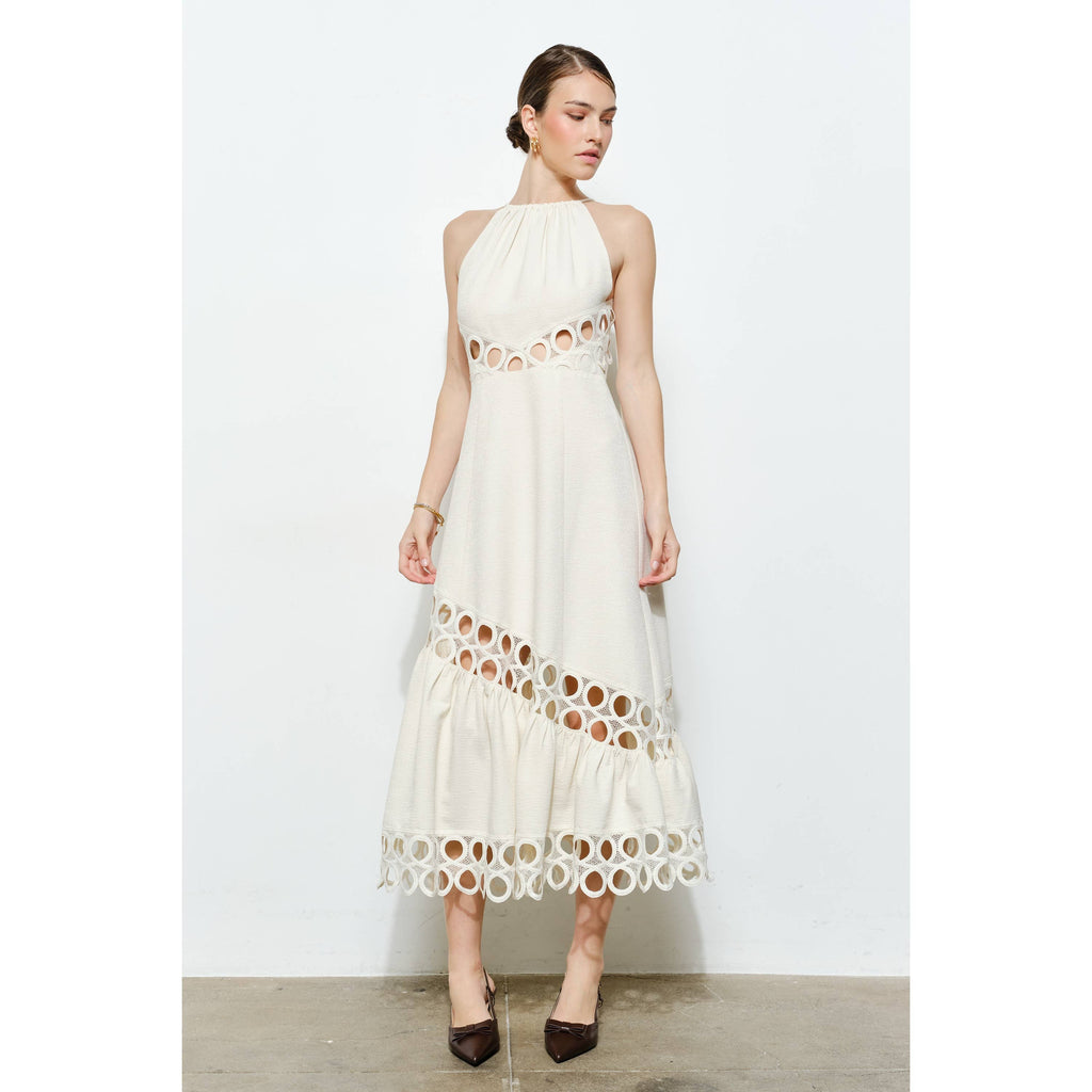 Chic Textured Lace Halter Tassel Draped Midi Dress