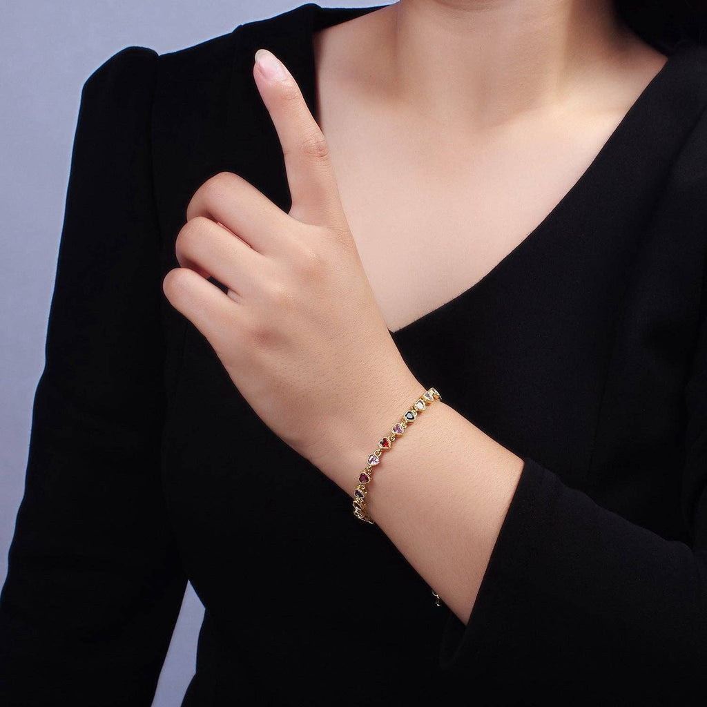 14K Gold Filled CZ Multicolor Heart Bezel 7 Inch Bracelet in Gold & Silver | WA-2230 WA-2231