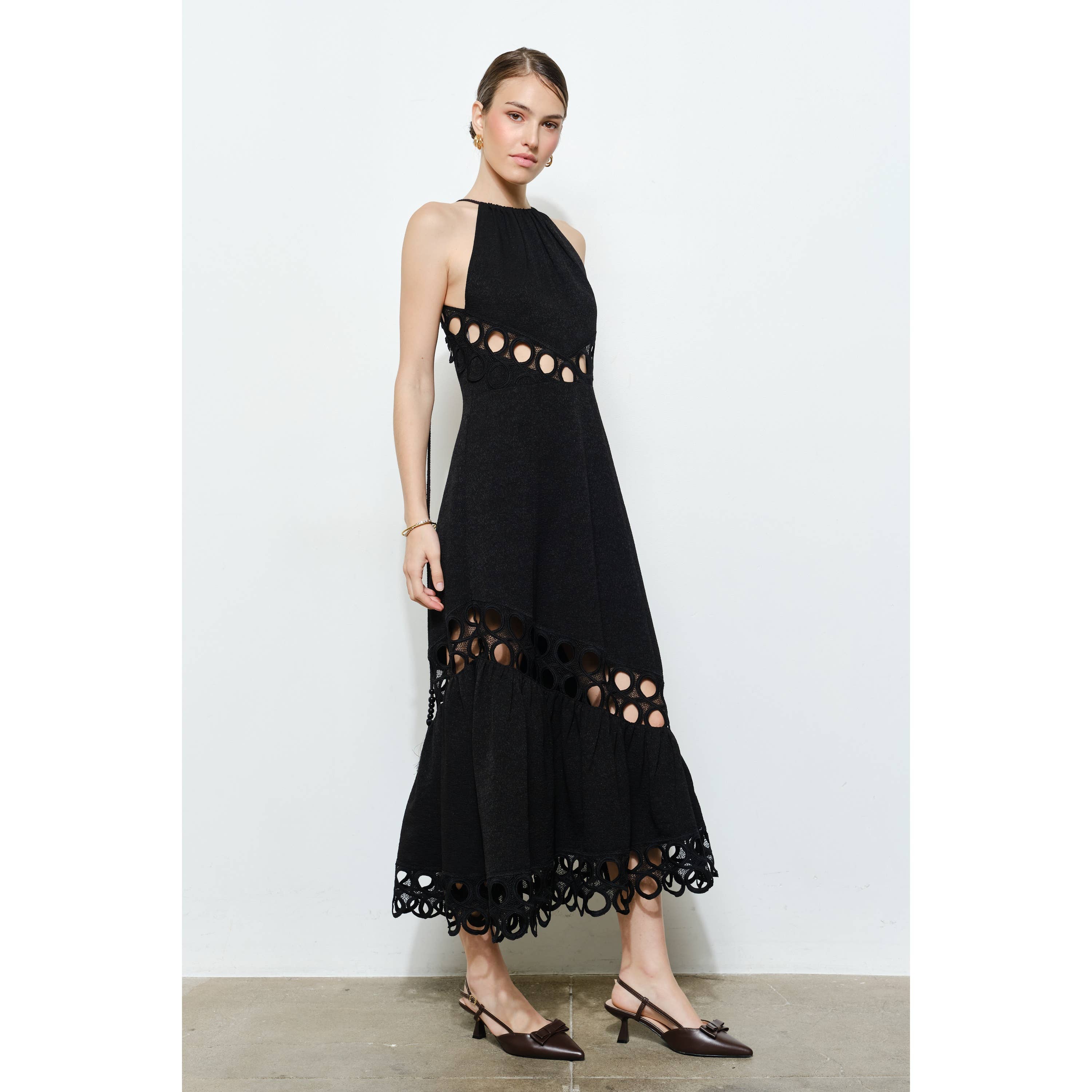 Chic Textured Lace Halter Tassel Draped Midi Dress