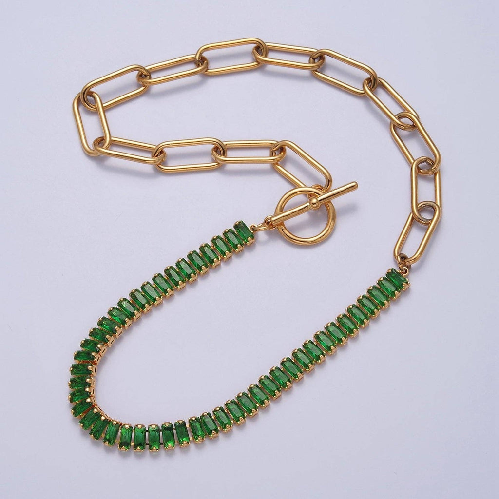 Fusion Necklace Half Baguette Tennis Chain, Half Paper Clip Chain, Statement 24K Gold Filled Necklace with Toggle WA-945