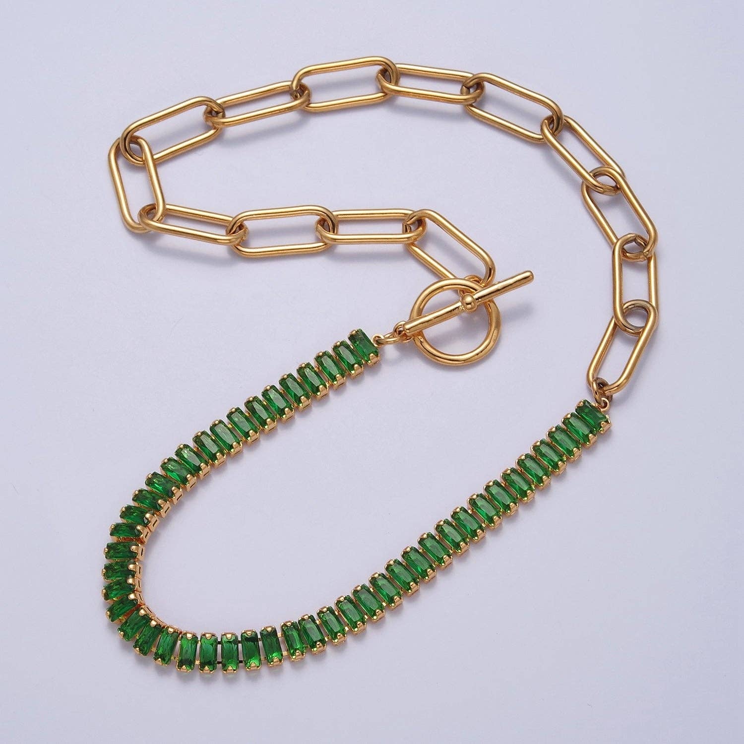 Fusion Necklace Half Baguette Tennis Chain, Half Paper Clip Chain, Statement 24K Gold Filled Necklace with Toggle WA-945