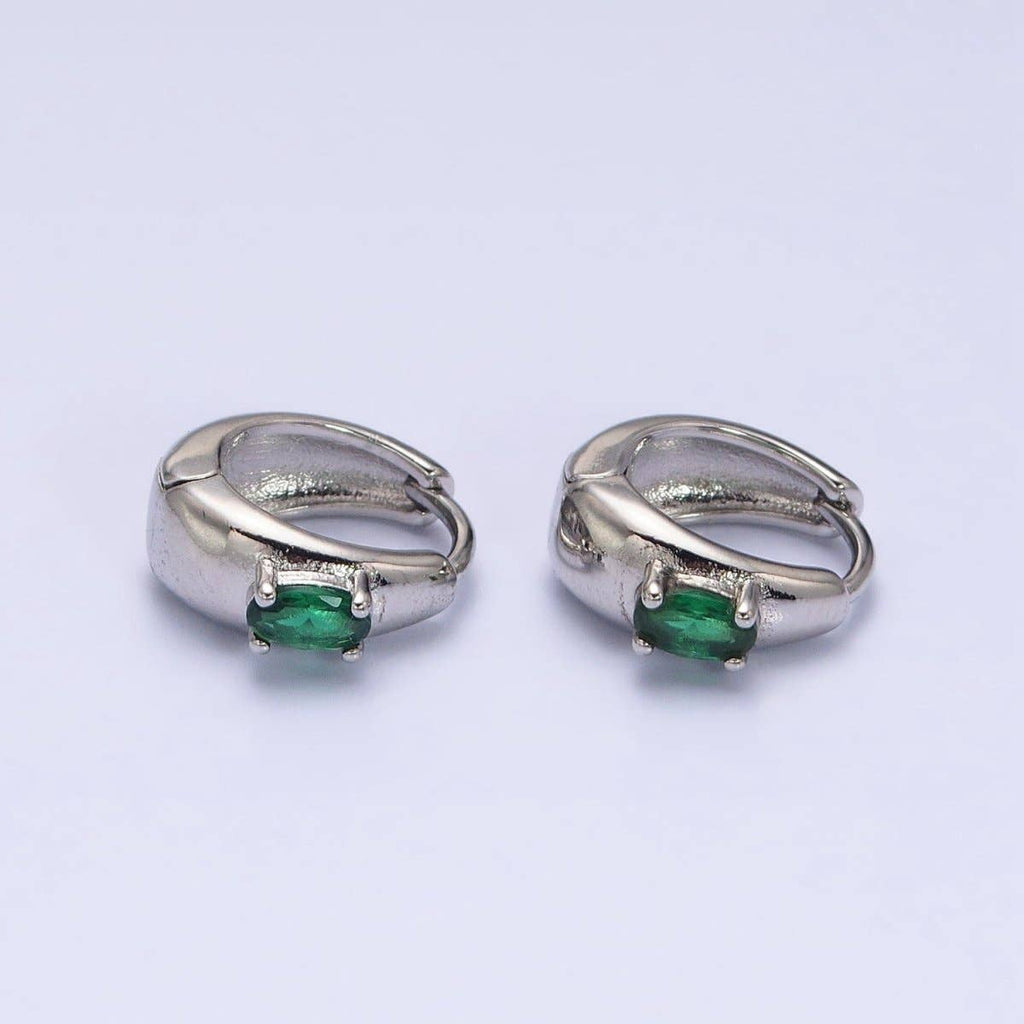 16K Gold Filled Emerald Green Oval CZ Dome 13mm Huggie Earrings in Silver & Gold | AB1501 AD1016